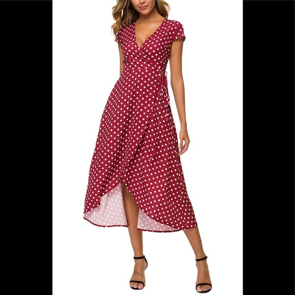Summer V-Neck Wrap Polka Dot Maxi Beach Dress - Picture 1 of 6